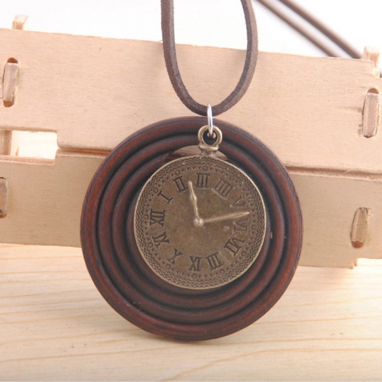 Picture of Wood Boho Chic Bohemia Sweater Necklace Long Antique Bronze Clock 80cm(31 4/8") long, 1 Piece