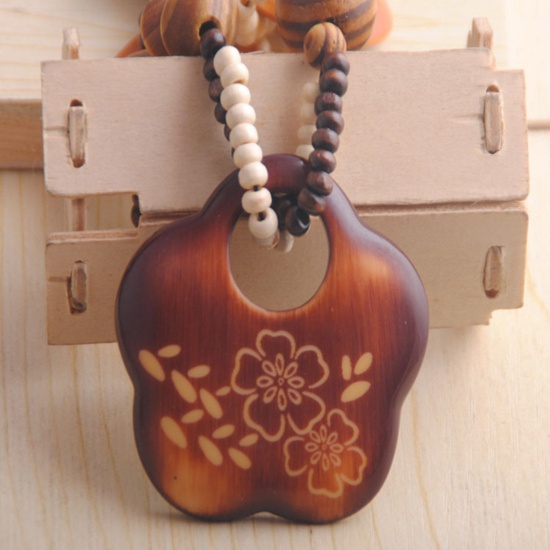 Picture of Wood Boho Chic Bohemia Sweater Necklace Long Brown Red Plum Blossom Flower 80cm(31 4/8") long, 1 Piece