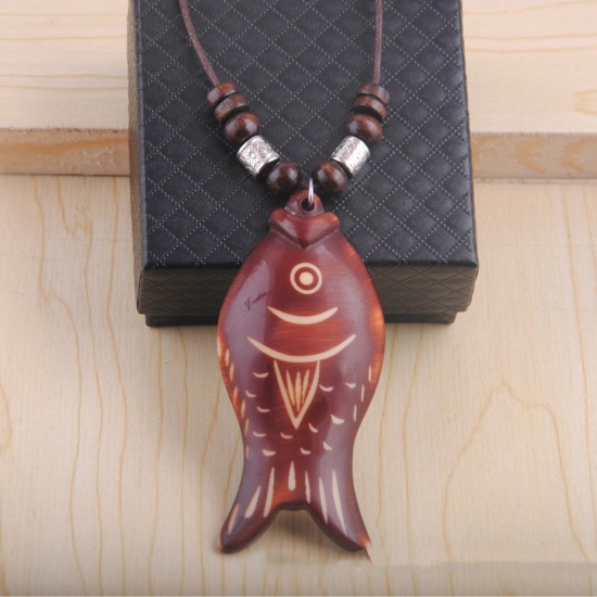 Picture of Wood Boho Chic Bohemia Sweater Necklace Long Brown Red Fish Animal 80cm(31 4/8") long, 1 Piece