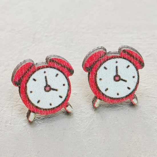 Picture of Natural Wood College Jewelry Ear Post Stud Earrings Red Alarm Clock 17mm x 10mm, 1 Pair