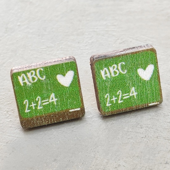 Picture of Natural Wood College Jewelry Ear Post Stud Earrings Green Book Heart Message " A B C " 17mm x 10mm, 1 Pair