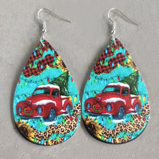 Picture of PU Leather Christmas Earrings Silver Tone Multicolor Drop Car 8.5cm, 1 Pair