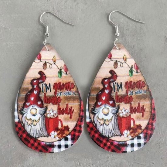 Picture of PU Leather Retro Earrings Silver Tone Multicolor Drop Christmas Santa Claus 8.5cm, 1 Pair