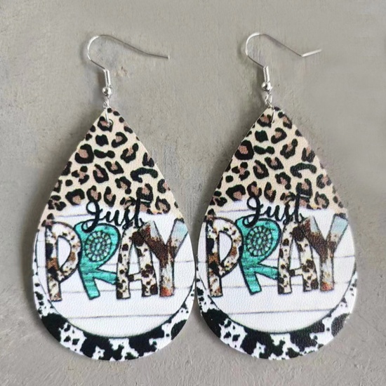 Picture of PU Leather Christmas Earrings Silver Tone Multicolor Drop Leopard Print 8.5cm, 1 Pair