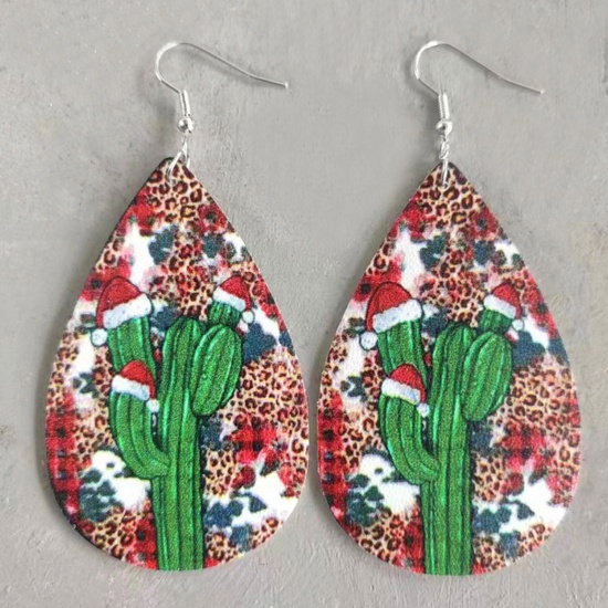 Picture of PU Leather Christmas Earrings Silver Tone Multicolor Drop Cactus 8.5cm, 1 Pair