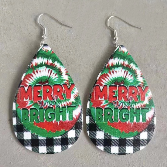 Picture of PU Leather Christmas Earrings Silver Tone Multicolor Drop Grid Checker 8.5cm, 1 Pair