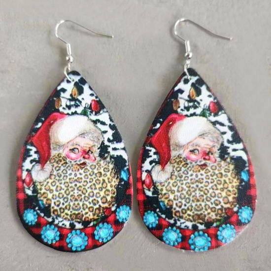 Picture of PU Leather Retro Earrings Silver Tone Multicolor Drop Christmas Santa Claus 8.5cm, 1 Pair