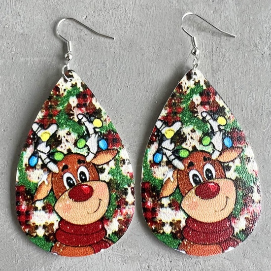 Picture of PU Leather Christmas Earrings Silver Tone Multicolor Drop Deer 8.5cm, 1 Pair