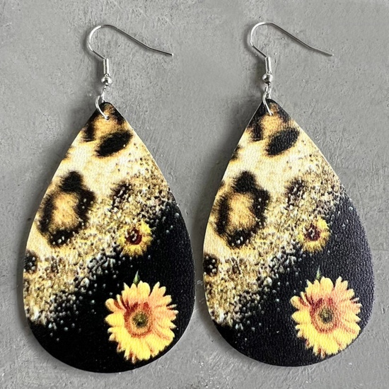 Picture of PU Leather Retro Earrings Silver Tone Multicolor Drop Sunflower 8.5cm, 1 Pair