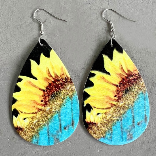 Picture of PU Leather Retro Earrings Silver Tone Multicolor Drop Sunflower 8.5cm, 1 Pair