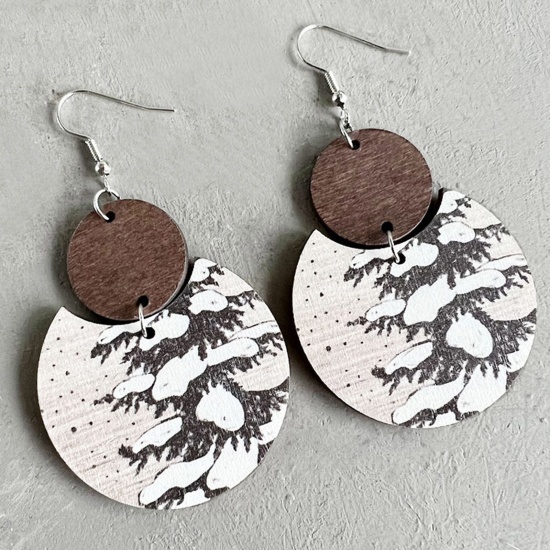 Picture of Wood Boho Chic Bohemia Earrings Silver Tone Gray Geometric Forest Splicing 6cm, 1 Pair