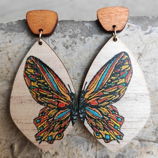 Picture of Wood Insect Earrings Multicolor Irregular Butterfly 7.5cm, 1 Pair