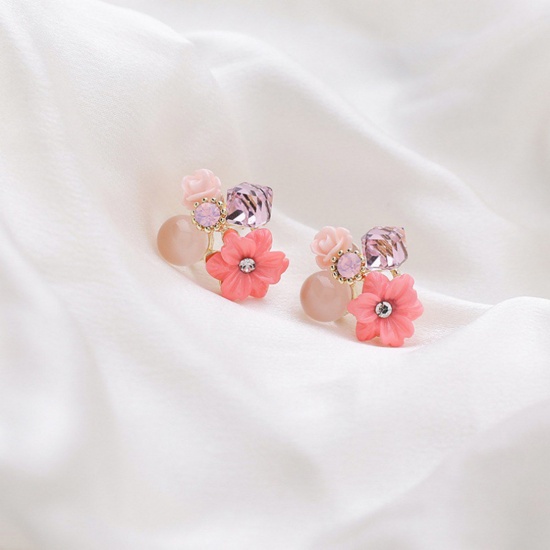 Picture of Stylish Ear Post Stud Earrings Pink Flower 22mm x 2mm, 1 Pair