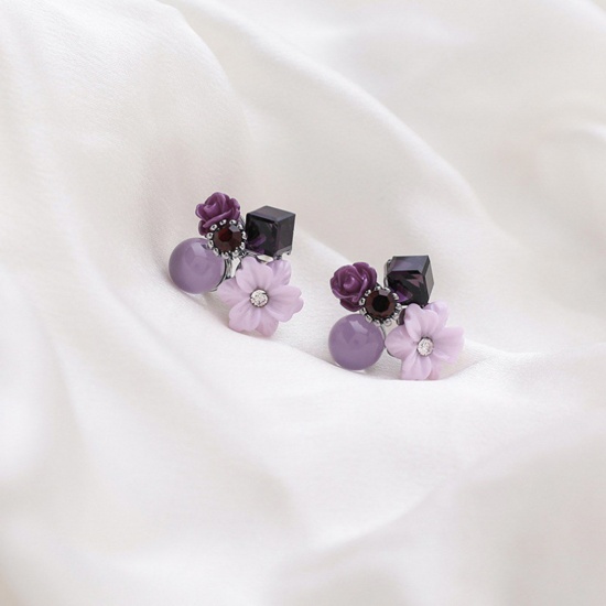 Picture of Stylish Ear Post Stud Earrings Purple Flower 22mm x 2mm, 1 Pair