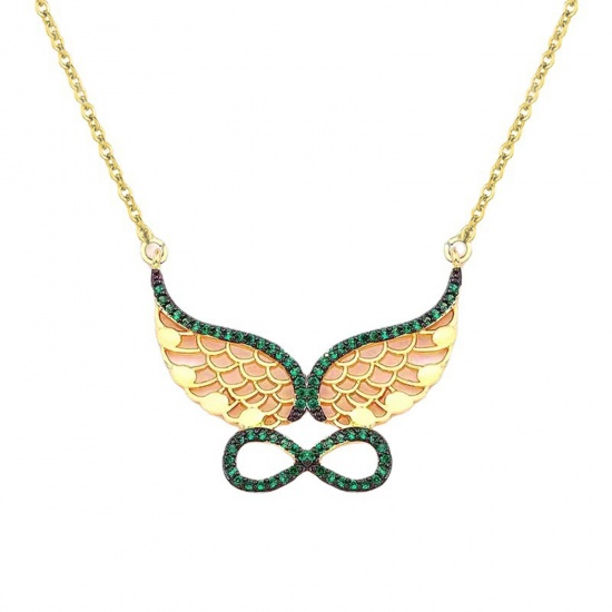 Picture of Retro Pendant Necklace Gold Plated Infinity Symbol Wing Green Rhinestone 45cm(17 6/8") long, 1 Piece