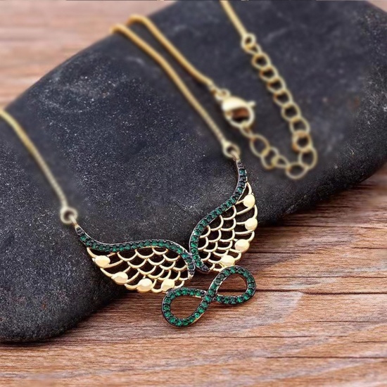 Picture of Retro Pendant Necklace Gold Plated Infinity Symbol Wing Green Rhinestone 45cm(17 6/8") long, 1 Piece