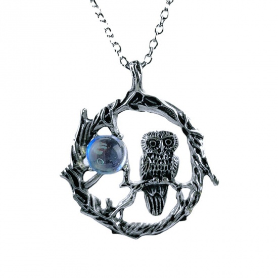Picture of Gothic Pendant Necklace Antique Silver Color Circle Ring Owl Imitation Moonstone 46cm(18 1/8") long, 1 Piece