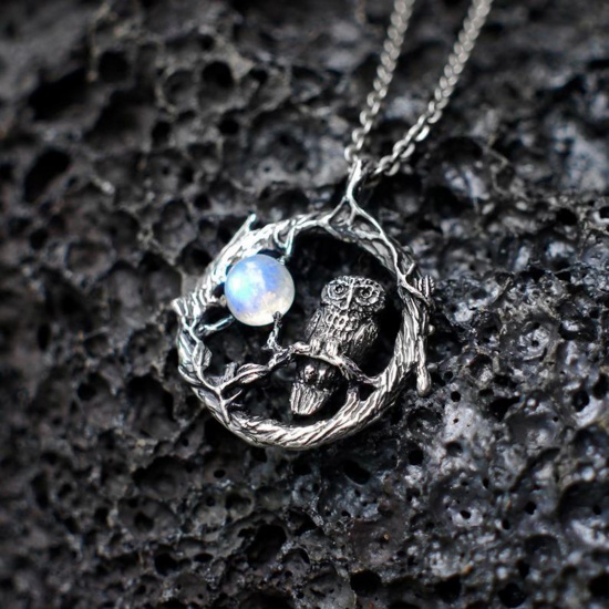 Picture of Gothic Pendant Necklace Antique Silver Color Circle Ring Owl Imitation Moonstone 46cm(18 1/8") long, 1 Piece