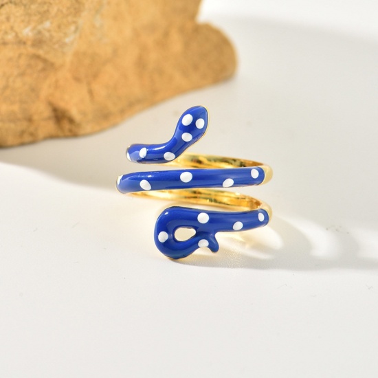 Picture of Retro Open Adjustable wrap Rings Royal Blue Enamel Snake Animal Spot 17mm(US Size 6.5), 1 Piece