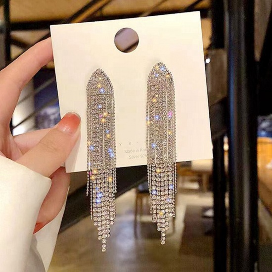 Picture of Stylish Tassel Earrings Silver Tone Clear Rhinestone 9cm x 1.2cm, 1 Pair