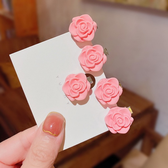 Picture of Acrylic Cute Hair Clips Rose Flower Pink 2cm x 2cm, 1 Set ( 5 PCs/Set)