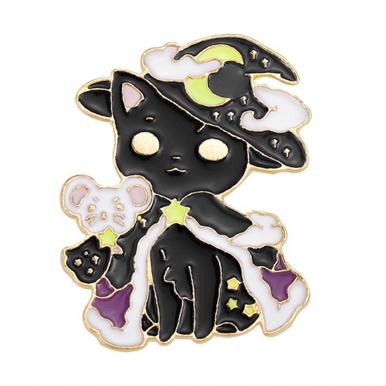 Picture of Cute Pin Brooches Cat Animal Moon Gold Plated Black Enamel 3cm x 2.7cm, 1 Piece