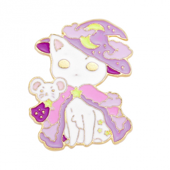 Picture of Cute Pin Brooches Cat Animal Moon Gold Plated Purple Enamel 3.3cm x 2.7cm, 1 Piece