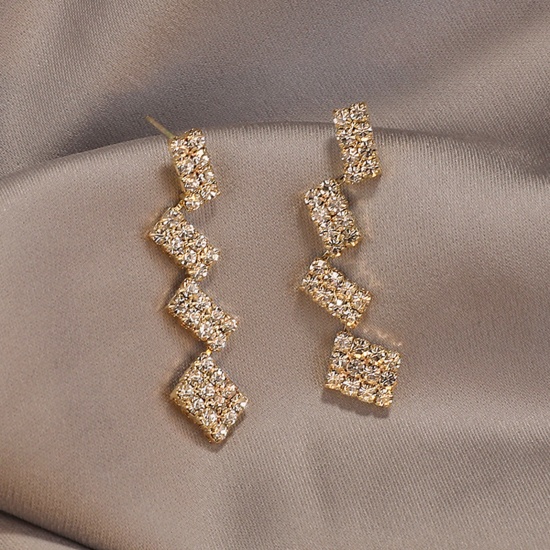 Picture of Stylish Earrings Gold Plated Geometric Splicing Clear Rhinestone 6cm, 1 Pair