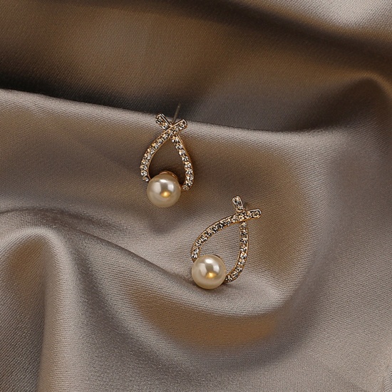 Picture of Stylish Earrings Gold Plated X Shape Imitation Pearl Clear Rhinestone 2cm, 1 Pair