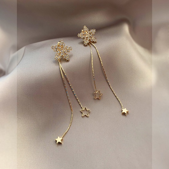 Picture of Stylish Earrings Gold Plated Pentagram Star Tassel Clear Rhinestone 6cm, 1 Pair