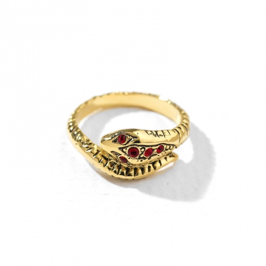 Picture of Retro Open Adjustable Wrap Rings Gold Tone Antique Gold Snake Animal Red Rhinestone 17mm(US Size 6.5), 1 Piece