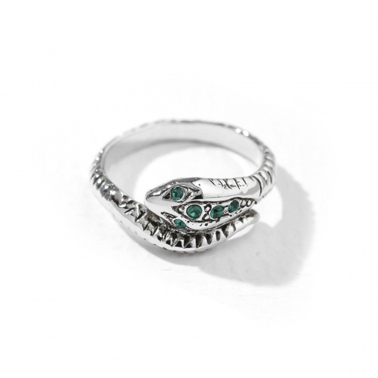 Picture of Retro Open Adjustable Wrap Rings Antique Silver Color Snake Animal Green Rhinestone 17mm(US Size 6.5), 1 Piece