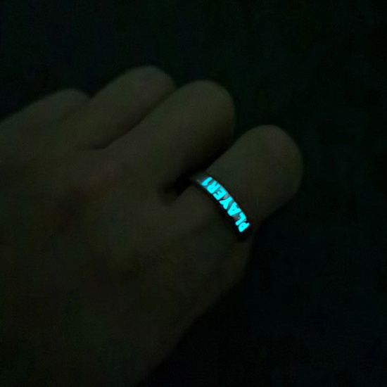 Picture of Stylish Open Rings Silver Tone Glow In The Dark Luminous Message " Player 1 " 16mm(US size 5.25), 1 Piece