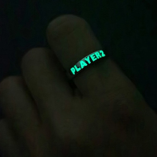 Picture of Stylish Open Rings Silver Tone Glow In The Dark Luminous Message " Player 2 " 16mm(US size 5.25), 1 Piece