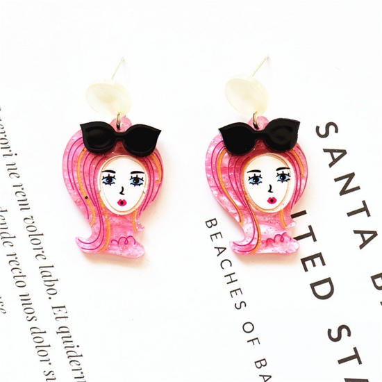 Picture of Acrylic Cute Earrings Pink Girl Glitter 5cm x 2cm, 1 Pair