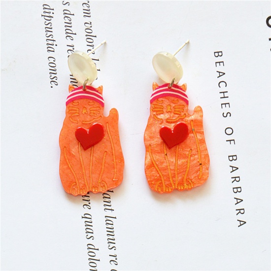 Picture of Acrylic Cute Earrings Orange-red Cat Animal Glitter 5cm x 2cm, 1 Pair