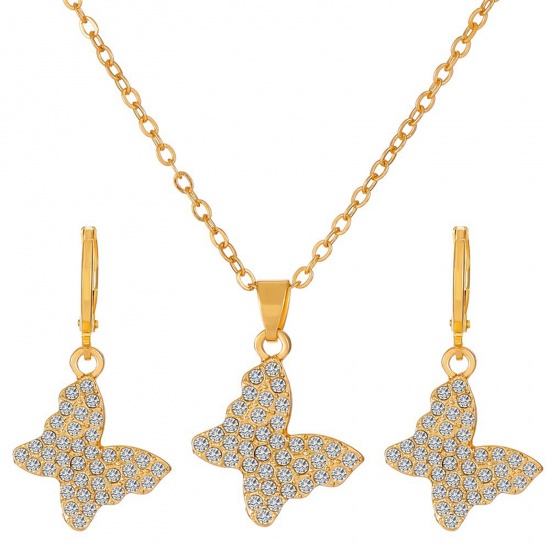 Picture of Retro Jewelry Necklace Earrings Set Gold Plated Butterfly Animal Clear Rhinestone 47cm(18 4/8") long, 3.4cm x 2.5cm, 1 Set