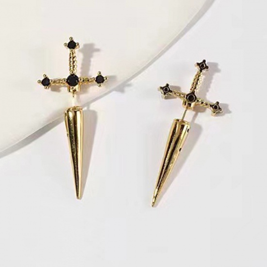 Picture of Ear Jacket Stud Earrings Gold Plated Sword 4cm, 1 Pair