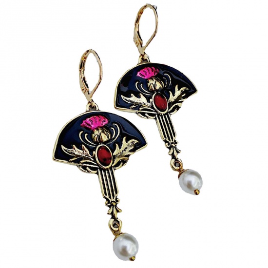 Picture of Ethnic Earrings Antique Bronze Red Fan-shaped Thistle Flower Imitation Pearl Enamel 5.9cm x 2.6cm, 1 Pair