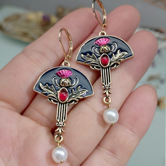 Picture of Ethnic Earrings Antique Bronze Red Fan-shaped Thistle Flower Imitation Pearl Enamel 5.9cm x 2.6cm, 1 Pair