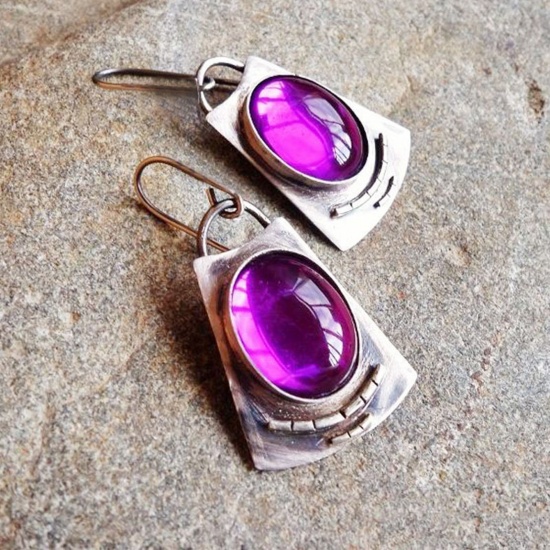 Picture of Retro Earrings Antique Silver Color Purple Trapezoid Oval Imitation Gemstones 4cm, 1 Pair