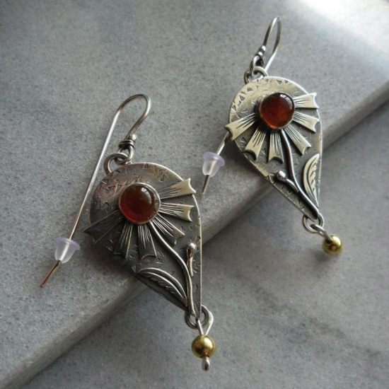 Picture of Retro Earrings Antique Bronze Red Lute Carved Pattern Imitation Gemstones 5cm, 1 Pair