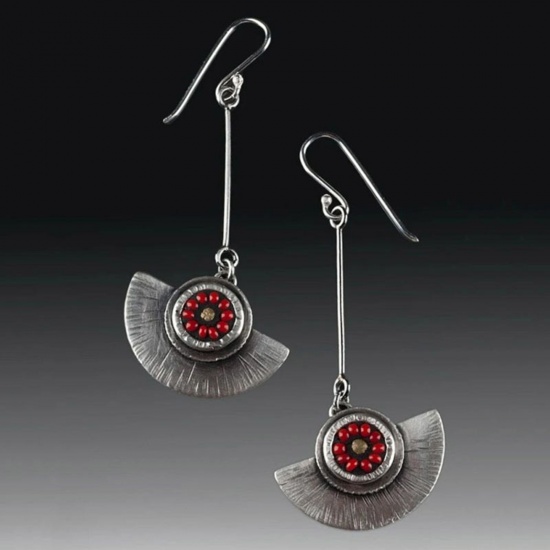 Picture of Retro Earrings Antique Pewter Red Fan-shaped Flower 7cm, 1 Pair