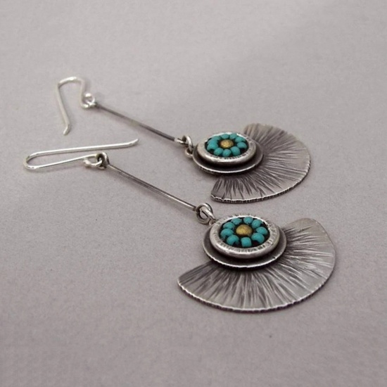 Picture of Retro Earrings Antique Pewter Lake Blue Fan-shaped Flower 7cm, 1 Pair