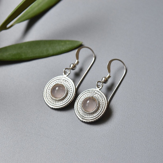 Picture of 1 Pair Stylish Earrings Antique Silver Color Pink Disc Cat's Eye Imitation 3cm