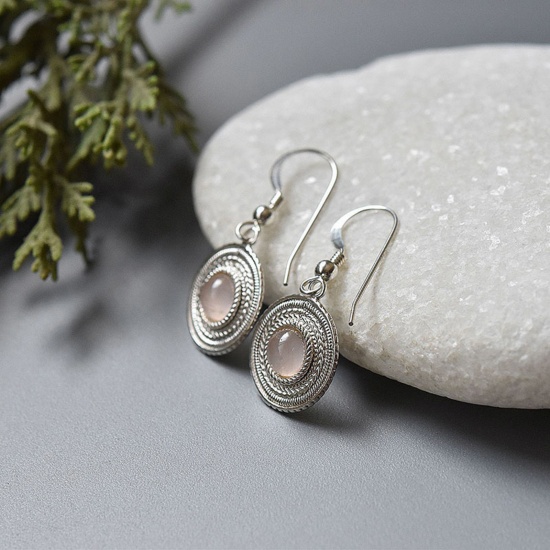 Picture of 1 Pair Stylish Earrings Antique Silver Color Pink Disc Cat's Eye Imitation 3cm