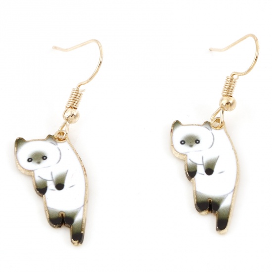Picture of Cute Earrings Gold Plated White Cat Animal 4.2cm x 1.1cm, 1 Pair