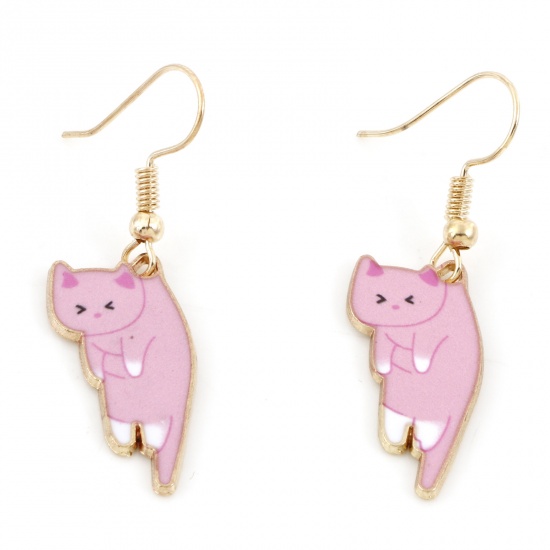 Picture of Cute Earrings Gold Plated Pink Cat Animal 4.2cm x 1.1cm, 1 Pair