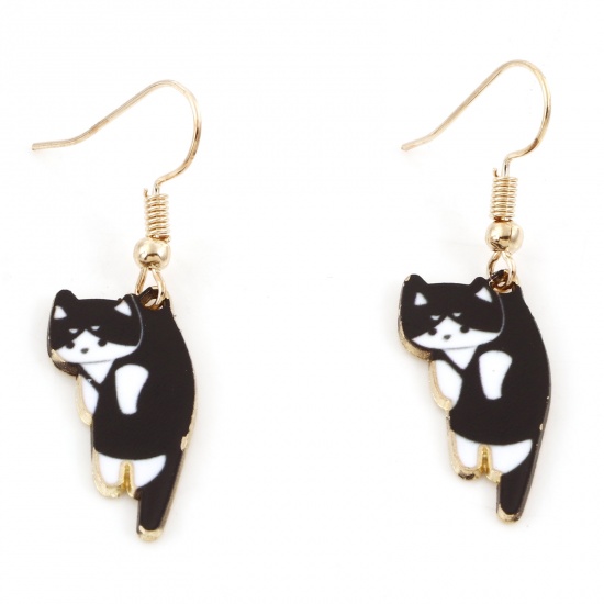 Picture of Cute Earrings Gold Plated Black Cat Animal 4.2cm x 1.1cm, 1 Pair