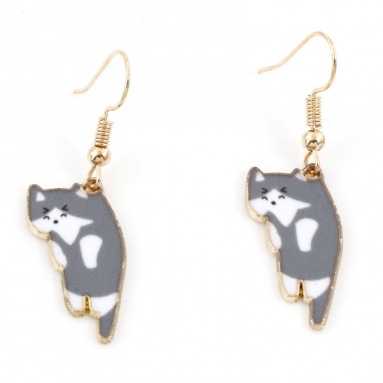 Picture of Cute Earrings Gold Plated Gray Cat Animal 4.2cm x 1.1cm, 1 Pair